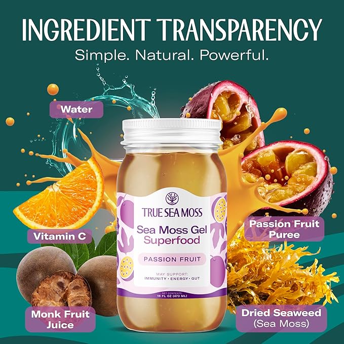 TrueSeaMoss Sea Moss Gel – Made in USA – Wildcrafted Seamoss, Fresh Fruits & Sea Vegetables – Passion Fruit, Pack of 3 (Labels May Vary)