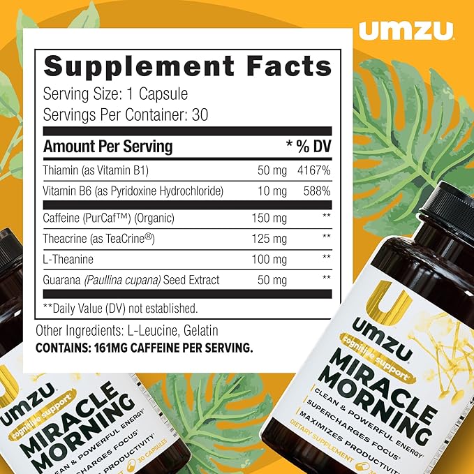UMZU Miracle Morning Energy Supplement with Caffeine & Energy Enhancers | 150mg of Caffeine Supports All Day Focus, Productivity & Mood (30 Day Supply | 30 Capsules)