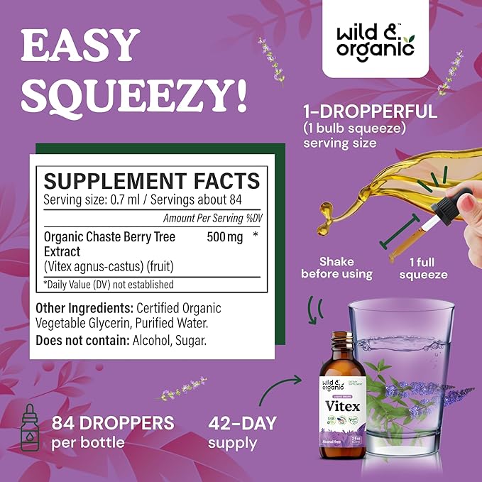 Wild & Organic Vitex Tincture - Vitex Chasteberry Supplement for Women - Liquid Chaste Tree Supplement for Mood Support - Vegan, Sugar & Alcohol-Free Berry Extract Drops - 2 fl oz