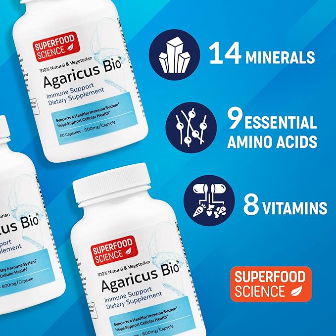 Agaricus Bio 600 mg, Natural Killer Cell Activity -USA-Grown Organic Agaricus Blazei Murill Mushroom for Immune Support, Liver & Cellular Health, High Beta Glucan Supplements, 60 Caps