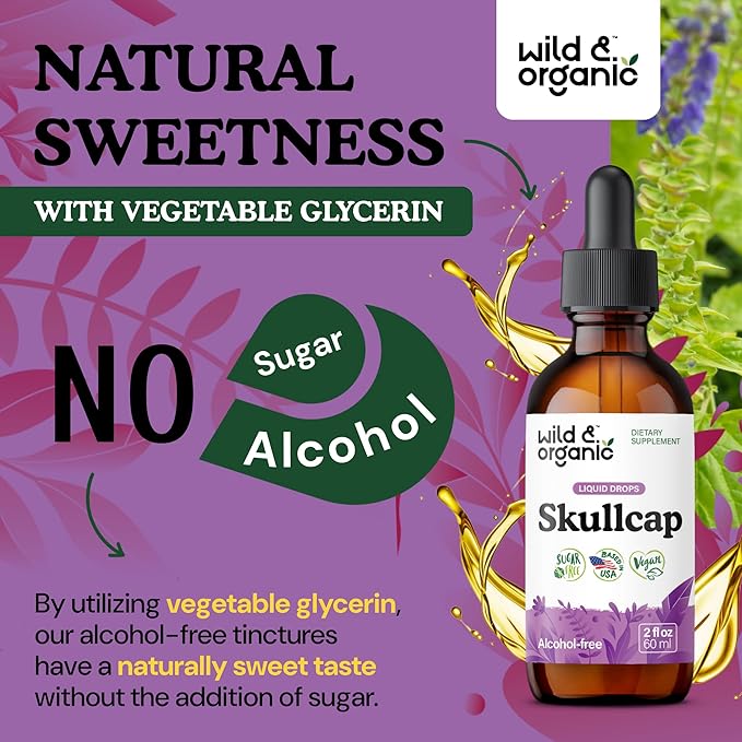 Wild & Organic Skullcap Tincture - Relaxation, Good Mood, Calmness - Liquid Skullcap Herb Supplement - Vegan, Sugar & Alcohol-Free Drops - 2 fl oz