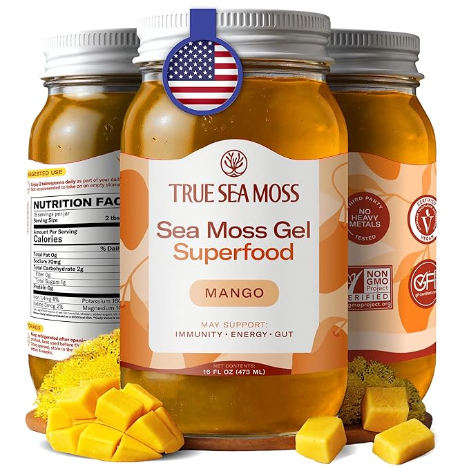TrueSeaMoss Sea Moss Gel – Made in USA – Wildcrafted Seamoss, Fresh Fruits & Sea Vegetables – Mango, Pack of 1 (Labels May Vary)