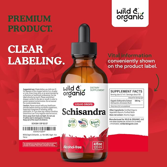 Wild & Organic Schisandra Tincture 500 mg - Natural Schisandra Supplement for Relaxation - Liquid Chinensis Berry Extract - Vegan, Sugar & Alcohol-Free Drops - 4 fl oz