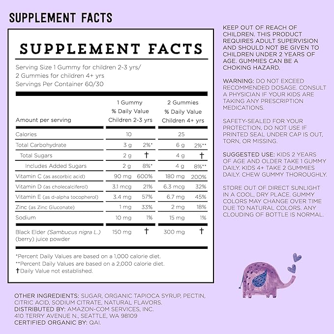 Amazon Brand - Mama Bear, Vegetarian Kids Black Elderberry Gummies 300 mg with Vitamins C, D, E and Zinc - Immune System Support - 60 Gummies (1 to 2 Month Supply), Non-GMO, Gluten Free