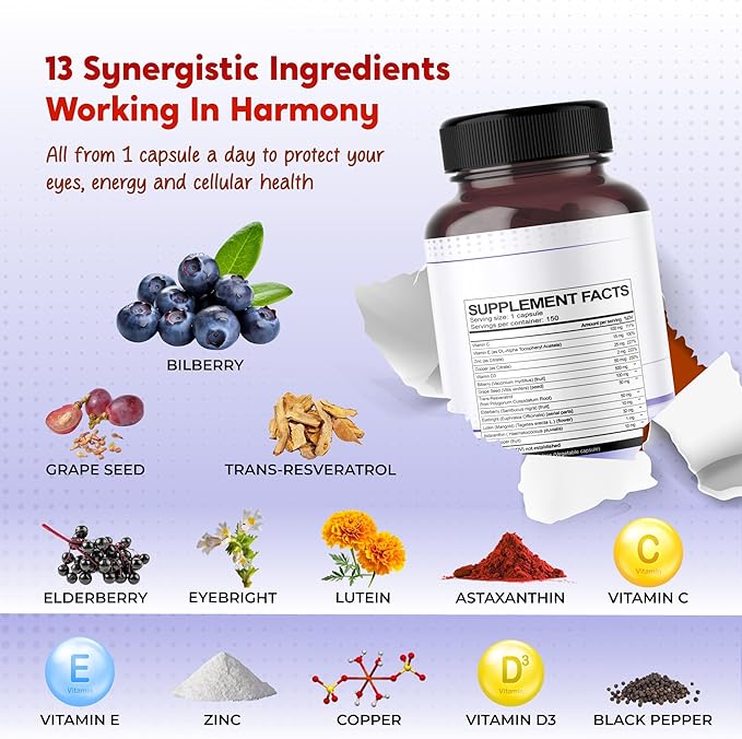 All-in-1 Bilberry Eyebright Astaxanthin Elderberry Resveratrol Supplement - Rich in Antioxidants & Supports Eye Health - Made in The USA -150 Capsules
