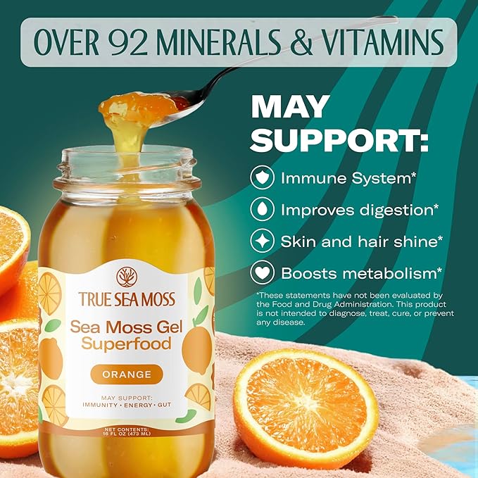 TrueSeaMoss Sea Moss Gel – Made in USA – Wildcrafted Seamoss, Fresh Fruits & Sea Vegetables – Orange, Pack of 1 (Labels may Vary)