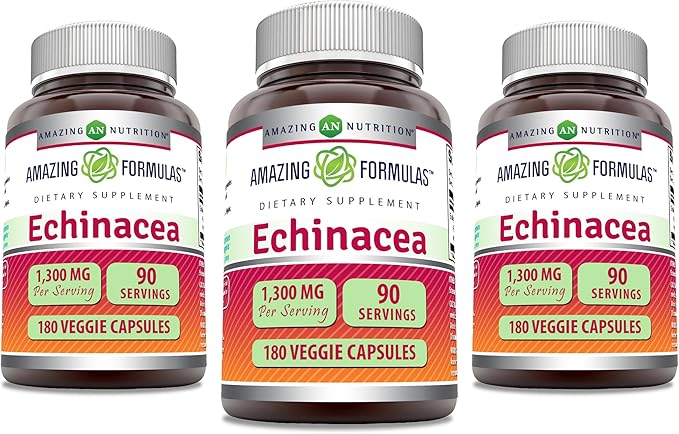 Amazing Formulas Echinacea | 1300 Mg | Veggie Capsules Supplement | Non-GMO | Gluten Free | Made in USA (3 Pack | 180 Count)
