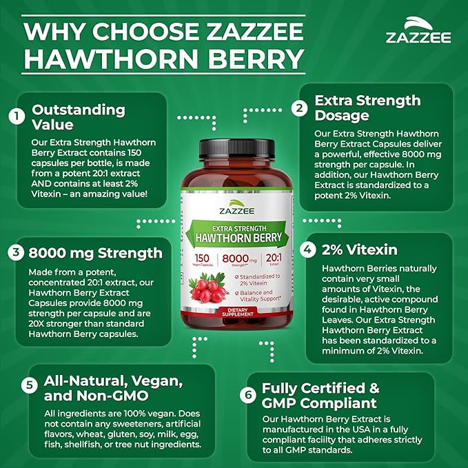 Zazzee Extra Strength Hawthorn Berry 20:1 Extract, 8000 mg Strength, 2% Vitexin, 150 Vegan Capsules, 5 Month Supply, Concentrated and Standardized Potent 20X Extract, Non-GMO and All-Natural