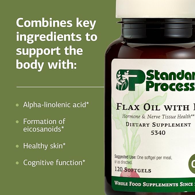Standard Process Flax Oil with B6 - Supplement for Hormone & Nerve Tissue Support - Supports Brain, Heart & Skin Skin - Gluten-Free, Non-Dairy & Non-Soy - 120 Softgels (120 Servings)