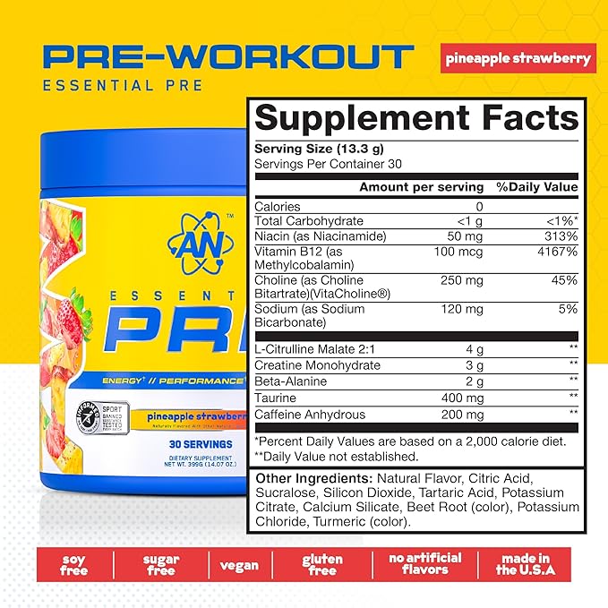 AN Essentials Pre-Workout Powder Supplement for Men & Women | Energy Mix with 200mg Caffeine, Beta Alanine, Citrulline, & Creatine | Chiquita Pineapple Strawberry | 30 Servings