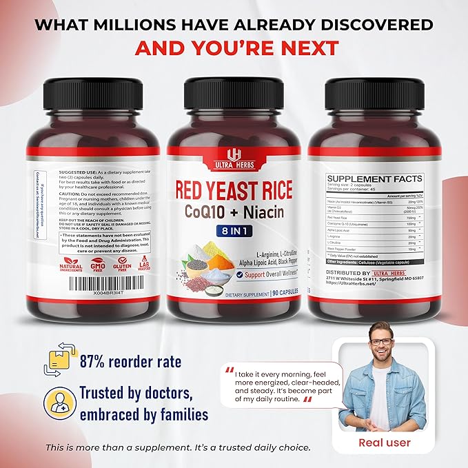 Ultra Red Yeast Rice CoQ10 - Promote Overall Health with Niacin, L-Arginine, L-Citrulline (90 Count (Pack of 1))