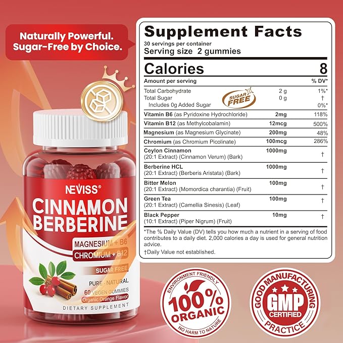 Sugar Free Ceylon Cinnamon Berberine Gummies 2000mg Max Strength Complex Supplement with Bitter Melon, Chromium & Magnesium Glycinate, Organic Berberine HCL Cinnamon Gummy Supplements, Vegan, 120Cts