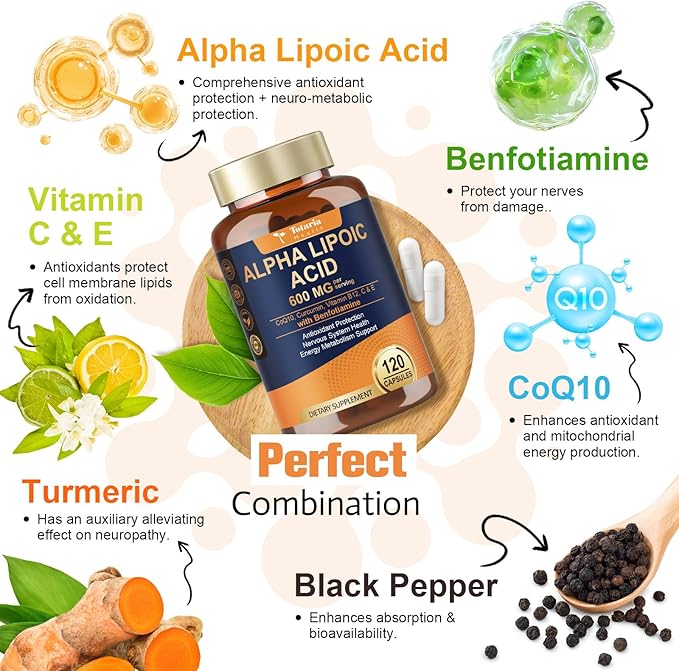 Alpha Lipoic Acid 600mg with Benfotiamine 300mg - ALA Supplement for Neuropathy Support Nerve Health & Antioxidant, Cell Energy, Metabolism and Anti-Aging, Non-GMO, Gluten Free, Vegan 120 Counts
