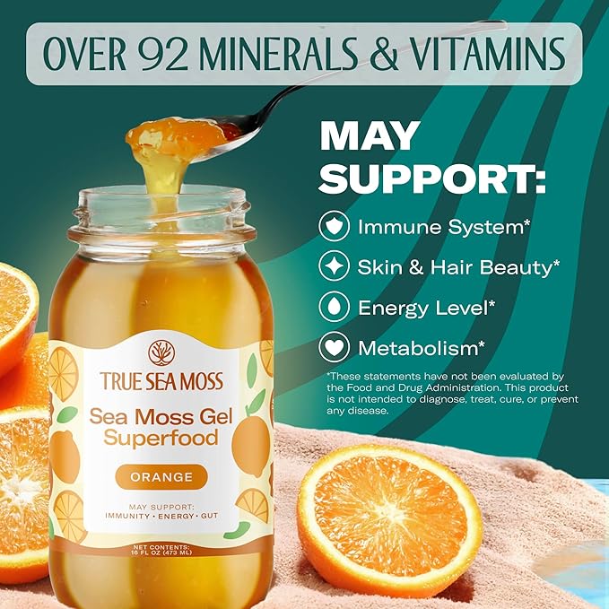 TrueSeaMoss Sea Moss Gel – Made in USA – Wildcrafted Seamoss, Fresh Fruits & Sea Vegetables – Orange, Pack of 1 (Labels may Vary)