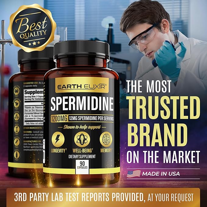 Spermidine Supplements 1200mg (90 Capsules) ā Anti Aging - 3rd Party Tested (12mg Spermidine Powder) Max Purity - 100% Pure Espermidina- Fermented Wheat Germ Extract - NMN Alternative