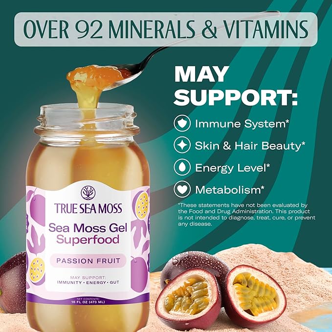 TrueSeaMoss Sea Moss Gel – Made in USA – Wildcrafted Seamoss, Fresh Fruits & Sea Vegetables – Passion Fruit, Pack of 3 (Labels May Vary)