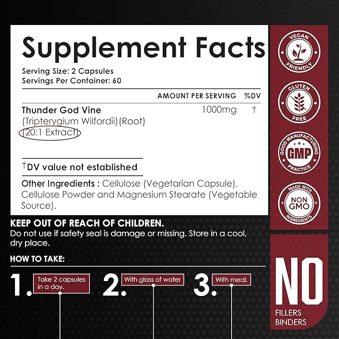 AMALTH Thunder God Vine Root – Tripterygium Wilfordii Herbal Supplement – Capsules with Lei Gong Teng Extract with Triptolide – 120 Capsules