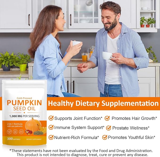 300PCS Pumpkin Seed Oil Capsules,2 in 1 Pumpkin Seed Oil with Saw Palmetto for Hair Growth, Skin Supplement, Support Prostate,Cold Pressed, Heart, | Non-GMO | Gluten Free