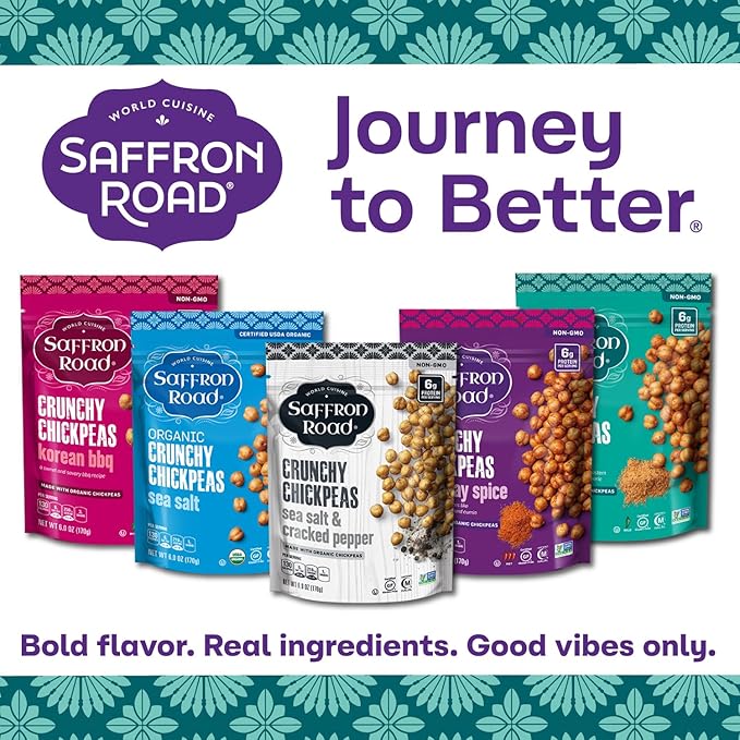 Saffron Road Roasted and Crunchy Falafel Chickpeas | High Protein Snacks | Gluten-free, Vegan, Non-GMO, and Certified Halal and Kosher | 5.4oz Pouch | Pack of 6