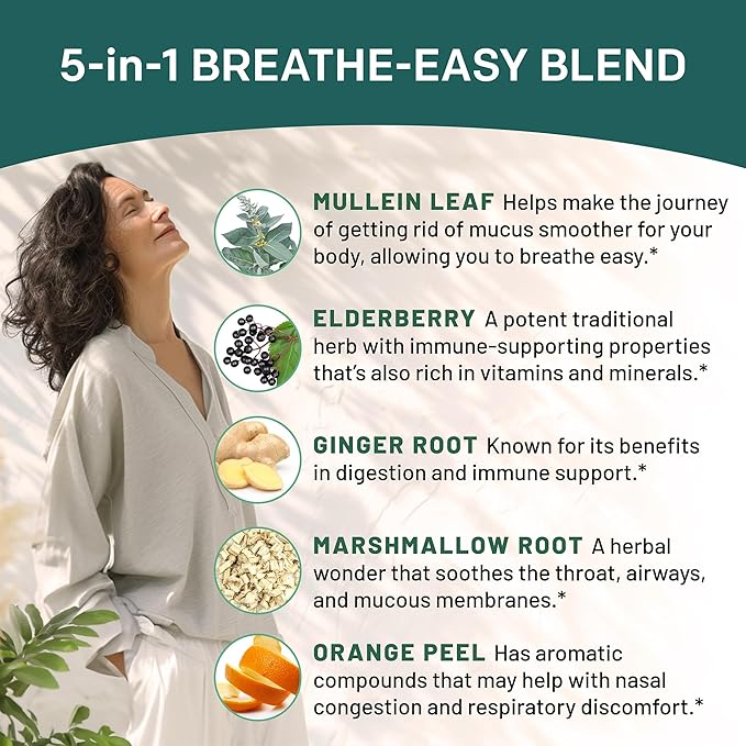 5-in-1 Mullein Drops for Bronchial and Respiratory Support with Mullen Leaf Extract Lung Supplement - Mullein Tincture with Elderberry and Ginger Root, Honey Lemon Flavor (60 Servings, Pack of 2)