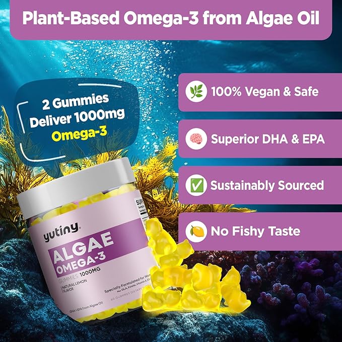 Vegan Omega 3 Gummies for Women, Algae Omega 3 1000mg Supplement with DHA, EPA, GLA, Vitamin A, E, B12, Folate, Skin & Brain Health, Sugar Free, 60 Count