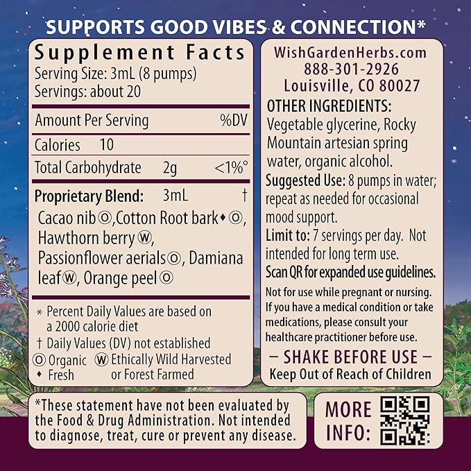 WishGarden Herbs Liquid Bliss Mood Elevator - Plant-Based Herbal Supplement with Organic Cacao, Cotton Root, Passionflower, Increases Sense of Connection, 4oz