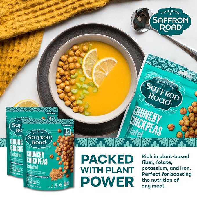 Saffron Road Roasted and Crunchy Falafel Chickpeas | High Protein Snacks | Gluten-free, Vegan, Non-GMO, and Certified Halal and Kosher | 5.4oz Pouch | Pack of 6