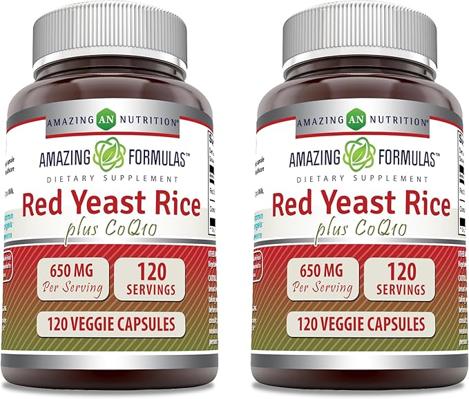 Amazing Formulas Red Yeast Rice 600 Mg Plus Coq-10, 50 Mg 120 Veggie Capsules Supplement | Non-GMO | Gluten Free | Made in USA (2 Pack)