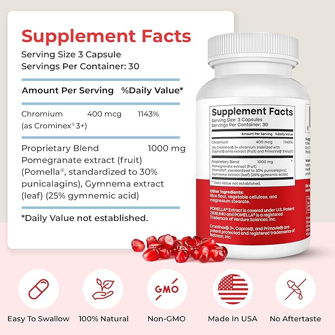 Advanced Glucose Discovery for Sugar Watchers, with Gymnema Sylvestre, Patented Pomegranate Supplement, Crominex 3+, for Glucose Metabolism Wellness - All Natural, Non-GMO - 90 Vegan Capsules