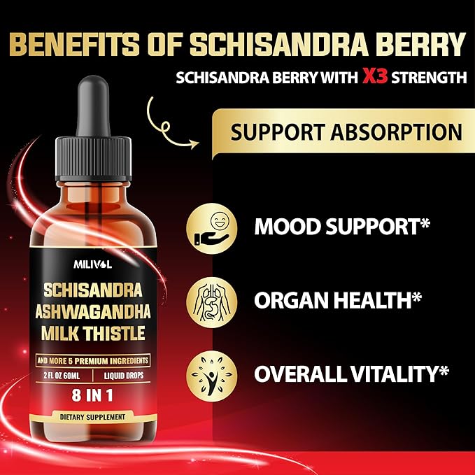 8in1 Schisandra Berry Drops with Milk Thistle, Ashwagandha, Rhodiola Rosea, Holy Basil, Artichoke, Dandelion Root & Turmeric Curcumin - 2 Fl Oz for 2 Month Supply