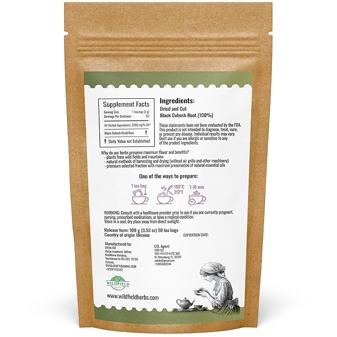 50 bags Black Cohosh Tea Black Cohosh Root Herbal Tea (Actaea racemosa) - 50 Count 2 g Tea Bags Herb Tea Cohosh
