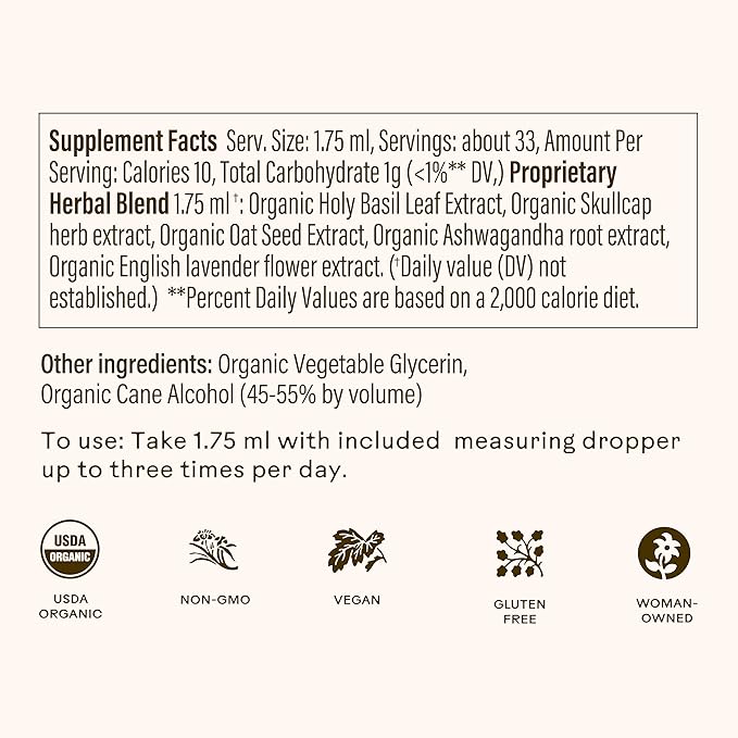 Wooden Spoon Herbs Tranquility Tonic | Organic Stress Relief & Sleep Aid Tincture | Unique Herbal Blend of Skullcap, Ashwagandha, Oat Tops, Holy Basil, Lavender | 2oz, 32 Servings