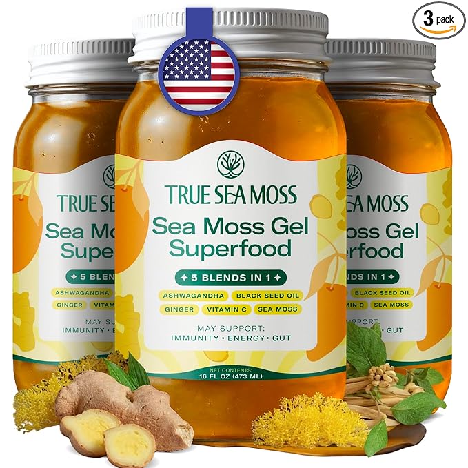TrueSeaMoss Sea Moss Gel – Made in USA – 5-in-1 Formula – Wildcrafted Seamoss, Ashwagandha & Sea Vegetables – Ashwagandha, Pack of 3 (Labels may Vary)