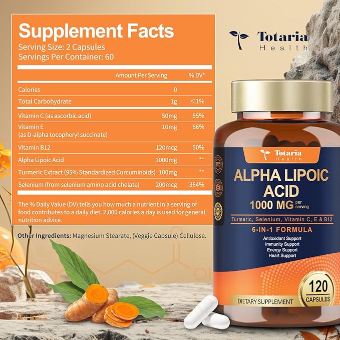 2 Packs Alpha Lipoic Acid 1000mg Antioxidant Supplement Capsules for Neuropathy Support Supplement Nerve Health, Liver Detox, Antioxidant, Metabolism and Cell Energy, Anti-Aging - Non-GMO, Gluten Free