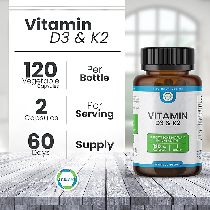 Vitamin D3 & K2 Supplement β High-Potency D3 5000 IU + K2 MK7 β Supports Bone, Heart & Immune Health β Calcium Absorption & Cardiovascular Wellness β 120 Vegan Capsules