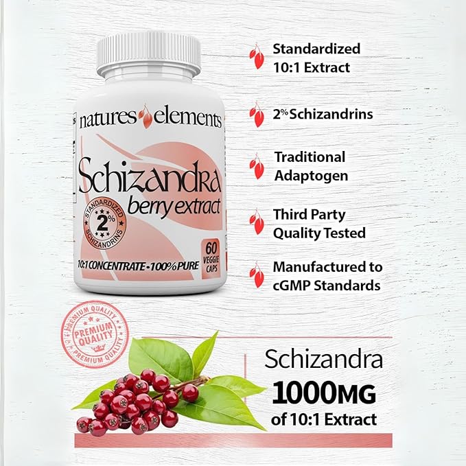Natures Elements Schizandra Berry Extract – 10:1 Standardized Extract with 2% Schizandrins – 1000mg Per Serving – 60 Veggie Capsules – Non-GMO, Gluten-Free – Traditional Chinese Herb