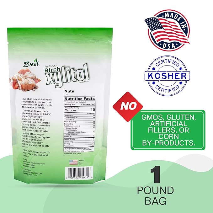 Zveet Birch Xylitol Sweetener | Keto Friendly, Non GMO Low Carb & Calorie Natural Sweetener Sugar Substitute | Kosher & Made in the USA | 1 Pound