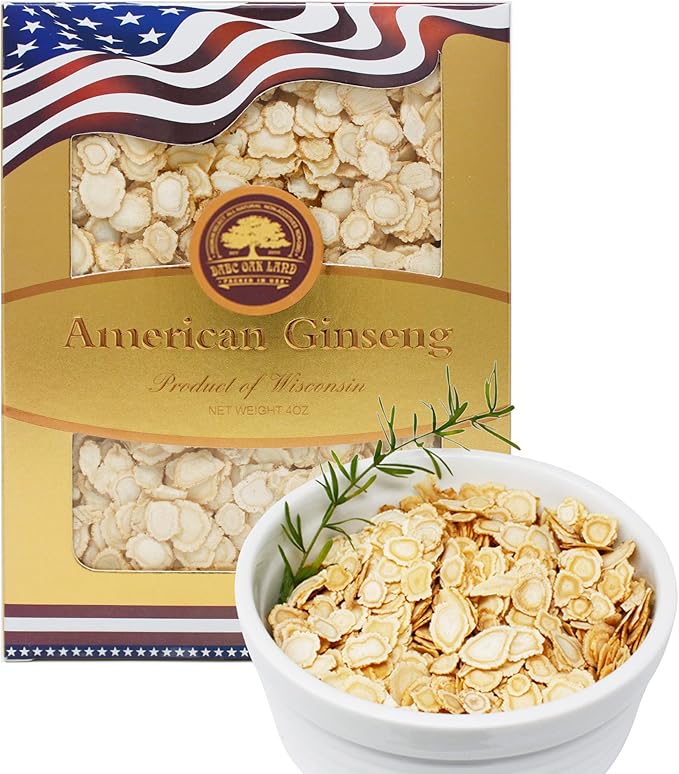American Ginseng Slices from Wisconsin, DOL American Wisconsin Ginseng Slices Root for Tea, Energy for Men Women Mental Health Boosts Immunity, Gluten Free, 花旗參/西洋參 Small Round 1 Box of 4 Ounces