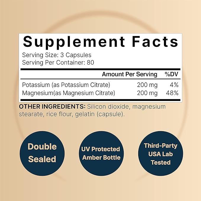 Naturebell Potassium Magnesium Electrolyte Powder Capsules | 200mg Potassium + 200mg Magnesium Citrate | Muscle, Heart & Hydration Support | Keto & Carnivore Friendly | No Sugar, Non-GMO