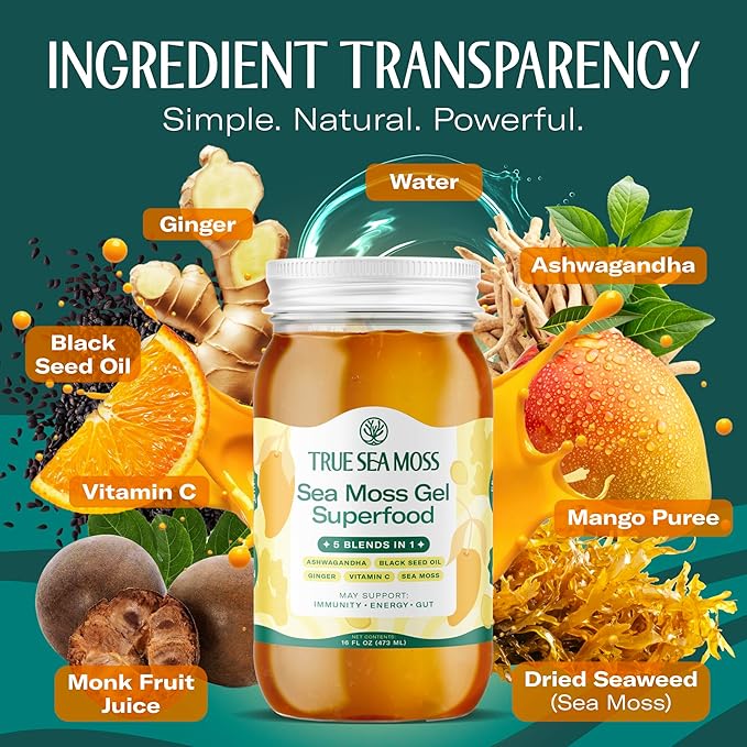 TrueSeaMoss Sea Moss Gel – Made in USA – 5-in-1 Formula – Wildcrafted Seamoss, Ashwagandha & Sea Vegetables – Ashwagandha, Pack of 3 (Labels may Vary)