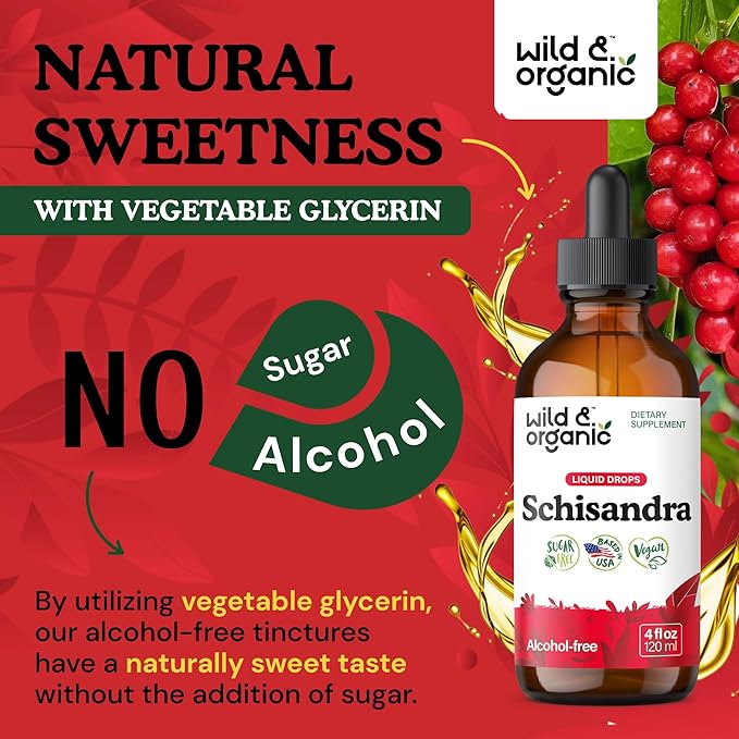 Wild & Organic Schisandra Tincture 500 mg - Natural Schisandra Supplement for Relaxation - Liquid Chinensis Berry Extract - Vegan, Sugar & Alcohol-Free Drops - 4 fl oz