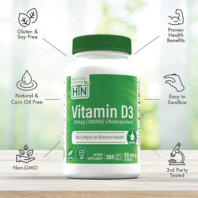 Vitamin D3 2000iu 365 Mini Softgels for Maximum Benefits | Year Supply | 50mcg Cholecalciferol | 3rd Party Tested | Non-GMO USP Grade in EVOO | Immune Health Support | Health Thru Nutrition
