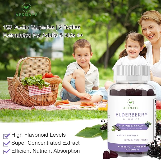 Sambucus Elderberry Gummies, Black Elderberry Gummy with Zinc and Vitamin C for Adults, Sugar Free Kids Multivitamin Gummies Immune Support* Supplement (2 Pack)