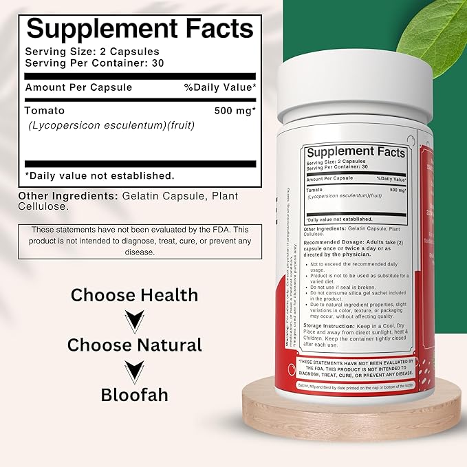 Tomato Powder (Lycopene) Capsules 500mg - 60 Count | Natural Carotenoid Supplement for Health and Wellness Support | 100% Natural, Plant Based, Gluten Free & Non-GMO Formula