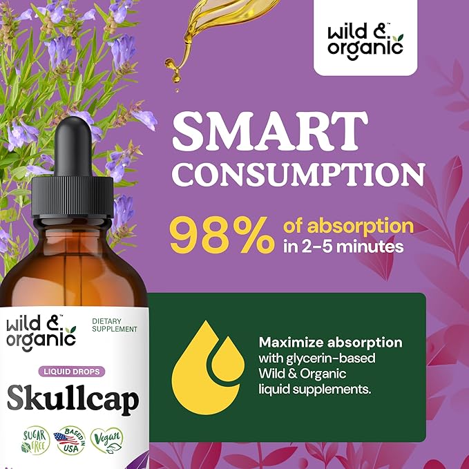 Wild & Organic Skullcap Herb Tincture - Skullcap Supplement for Mood Support - Relaxing Liquid Extract Drops - Vegan, Sugar & Alcohol-Free - 4 fl oz