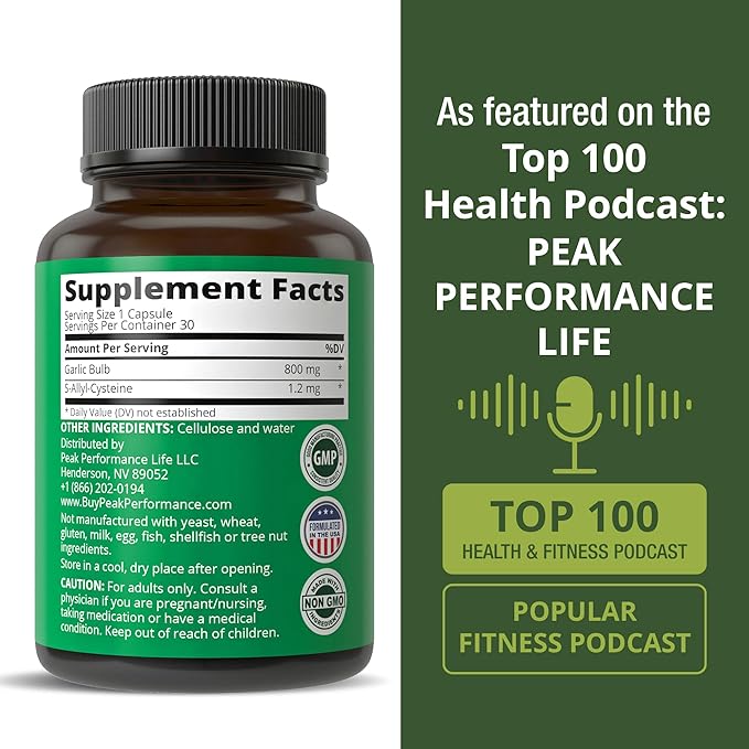 Peak Performance Aged Black Garlic Capsules. Raw Vegan Pure Odorless Extract Supplement Pills for Cholesterol, and Immune Support. from Garlic Bulb with S-Allyl Cysteine and Antioxidants
