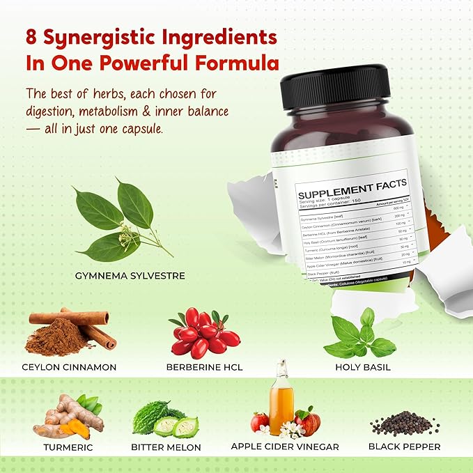 All-in-1 Gymnema Sylvestre Ceylon Cinnamon Berberine1, High Potency s for Digestive Health & Metabolism Support - Made in The USA