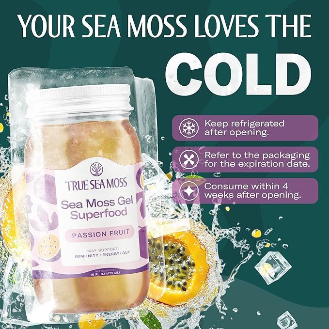 TrueSeaMoss Sea Moss Gel – Made in USA – Wildcrafted Seamoss, Fresh Fruits & Sea Vegetables – Passion Fruit, Pack of 3 (Labels May Vary)
