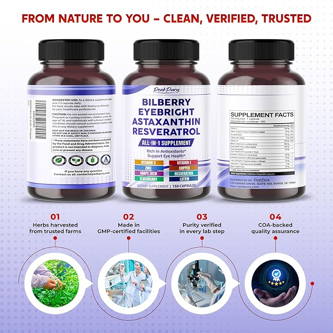 All-in-1 Bilberry Eyebright Astaxanthin Elderberry Resveratrol Supplement - Rich in Antioxidants & Supports Eye Health - Made in The USA -150 Capsules