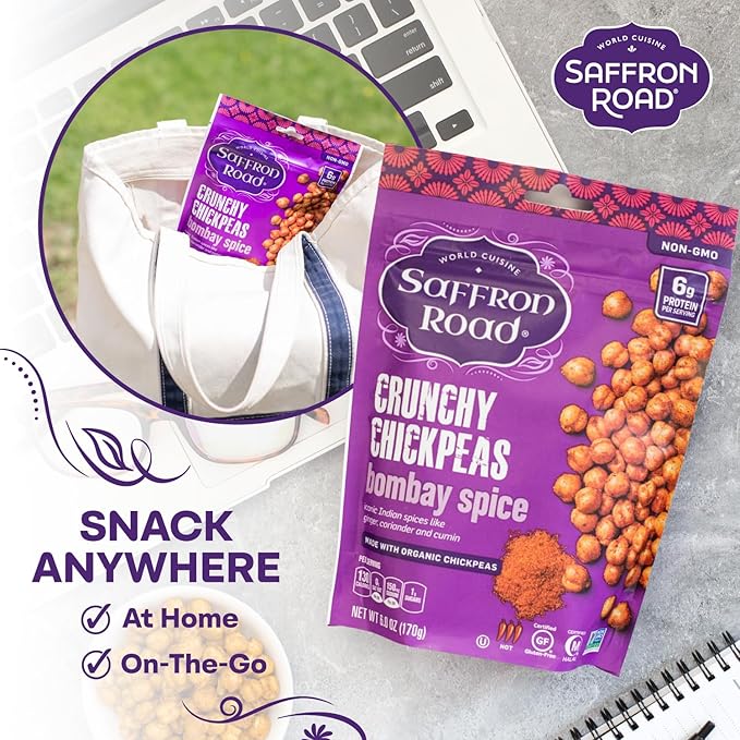 Saffron Road Roasted and Crunchy Bombay Spice Chickpeas | High Protein Snacks | Gluten-free, Vegan, Non-GMO, and Certified Halal and Kosher | 5.4oz Pouch | Pack of 6